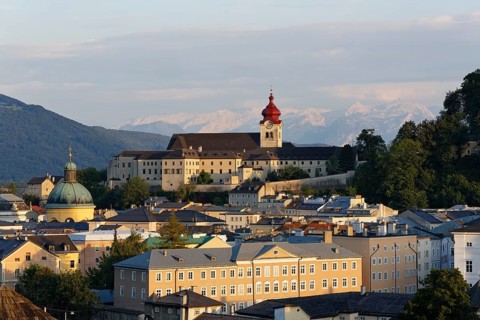 View of Nonnberg monastery and the Cajetan church as seen from Kapuzinerberg mountain