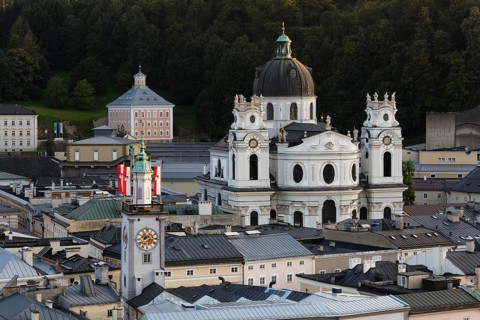 View of the town hall and the collegiate church as seen from Kapuzinerberg mountain