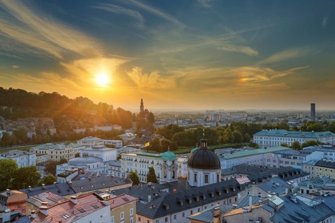 View of Dreifaltigkeitskirche church and Mirabellgarten park