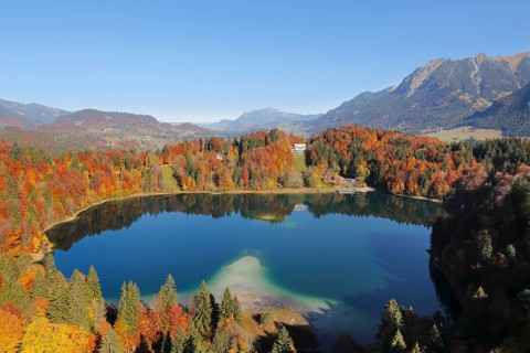 View of lake Freibergsee as seen from the Heini Klopfer ski jump