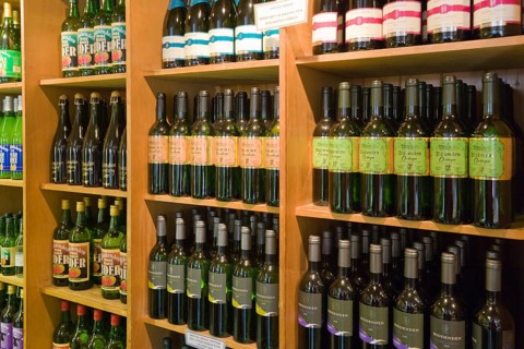Bottled juices and ciders in the shop of Biddenden Vineyards