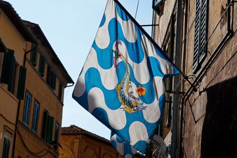 Flag of a contrada district in an alley of the historic town centre