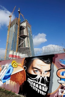 Graffiti in front of the construction site of the new ECB