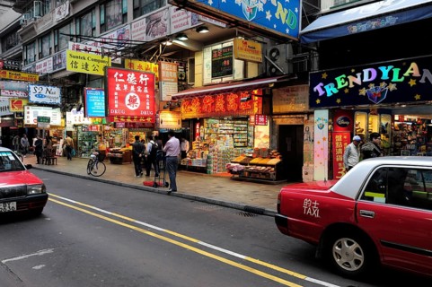Shops on a street in Tsim Sha Tsui