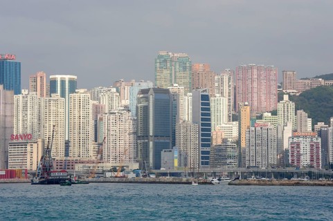 View of Victoria Harbour and skyscrapers in Fortress Hill and Causeway Bay