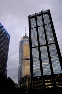 Central Plaza skyscraper and Harbour Centre office building at dusk