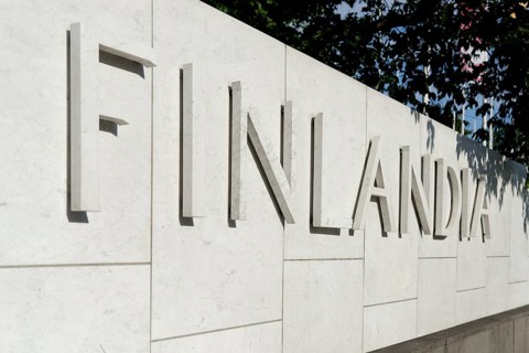 Word 'Finlandia' on the facade of Finlandia-talo or Finlandia Hall