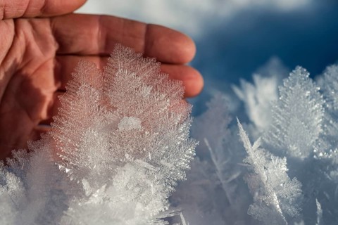 Hand touching ice crystals