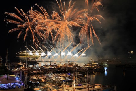 Fireworks over Port Hercule with yachts and cruise ship