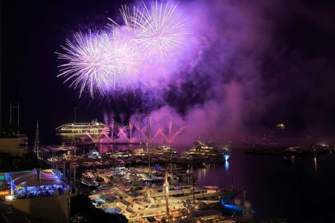 Fireworks over Port Hercule with yachts and cruise ship