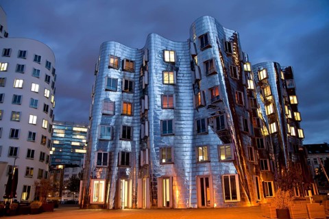 A building by American architect Frank O. Gehry at night