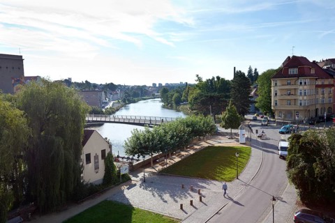 View of Altstadtbruecke bridge across the Neisse river as seen from the Church of St. Peter and Paul