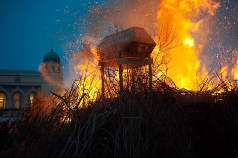 Burning 'Winter' at the end of the Tuesday procession of the Busojaras Spring festival
