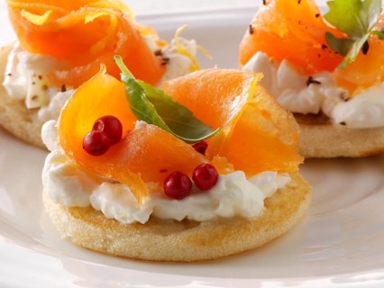 Smoked salmon and cream cheese blini canapes