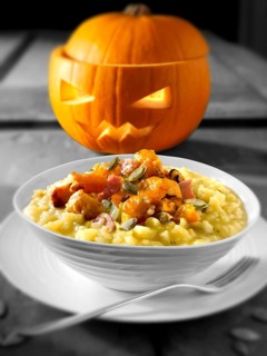 Roast pumpkin and bacon on saffron risotto