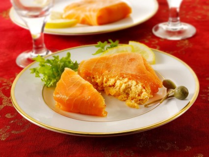 Smoked salmon parcel filled with cream cheese and cream cheese and crab