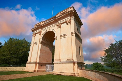 The neo-classic Corinthian Arch designed by Giovanni Battista Borra in the 1750's looking towards the south side of the Duke of Buckingham's Stowe House