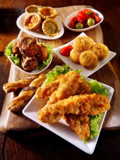 Party buffet food with southern fried chicken