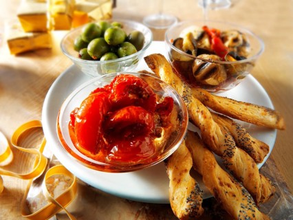 Italian party buffet food with sundried tomatoes