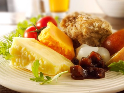 Traditional Ploughman's lunch with Cheddar and Lancashire cheese