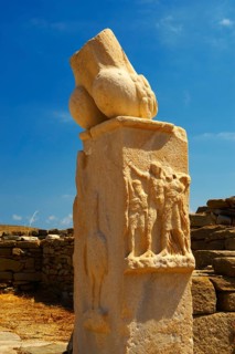 Column with broken phallus at the Stoivadeion in the Temple of Dionysus at the ruins of the Greek city of Delos