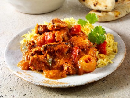Char grilled Chicken Jalfrezi with rice and naan bread