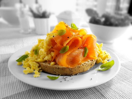 Smoked salmon scrambled eggs bagel