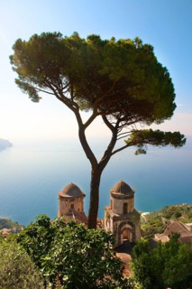 The bell towers of Our Lady of The Annunciation church viewed from Villa Ravello