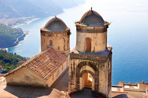 Bell towers of Our Lady of The Anunciation church viewed from Villa Ravello