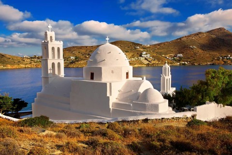 The Byzantine church of Agia Irene on the harbour of Ormos