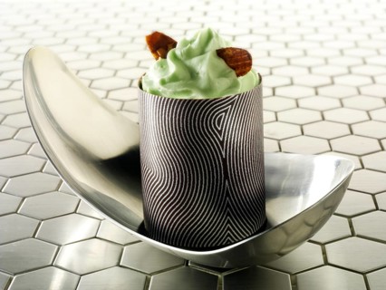 A modern Japanese cake with a patterned chocolate case and mint cream