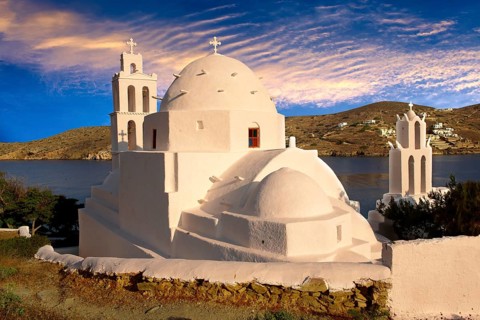 The Byzantine church of Agia Irene on the harbour of Ormos