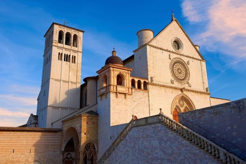 The upper facade of the Papal Basilica of St Francis of Assisi