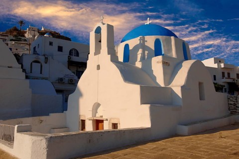 Blue domed white Byzantine Greek Orthodox Chapel of Panaghia Gremiotissa