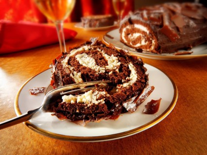 Traditional chocolate Swiss roll or log