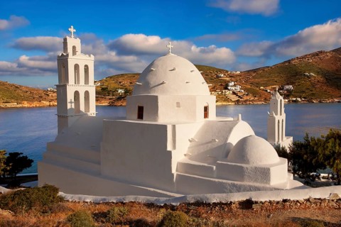 The Byzantine church of Agia Irene on the harbour of Ormos