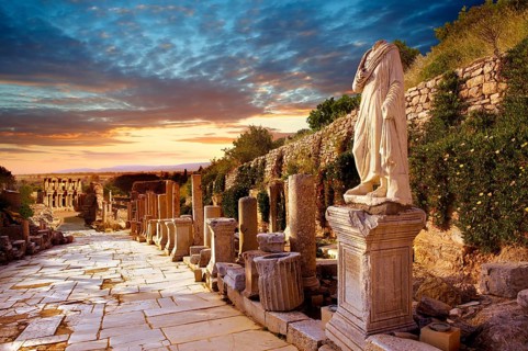 Statue on Curetes Street looking towards the Library of Celsus