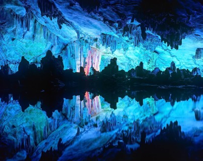 Colourful lights in Reed Flute Cave