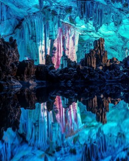 Colourful lights in Reed Flute Cave