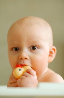 Baby with a rubber duck in his mouth