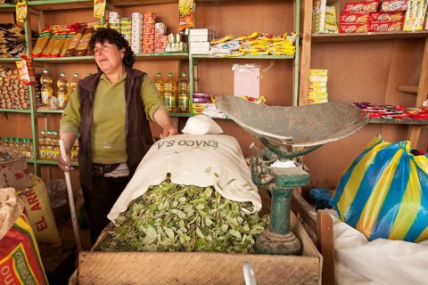 Woman selling coca leaves at the market in Celendin