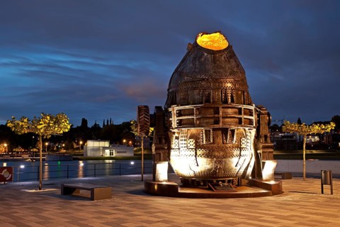 Illuminated Thomas converter at dusk on Kulturinsel