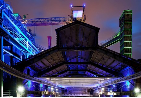 Illuminated view of the former steel plant in Landschaftspark Duisburg Nord