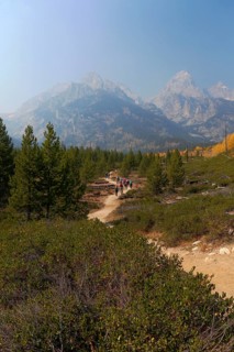 Grand Teton mountain range from the trail to Taggart Lake