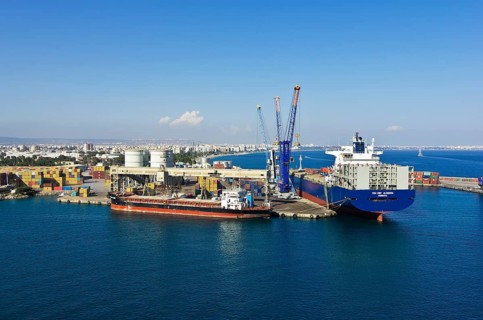 Container port with a container ship in the port of Antalya
