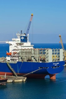 Container port with a container ship in the port of Antalya