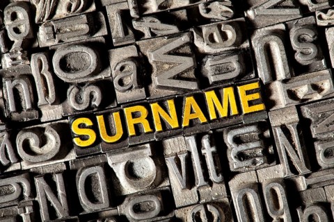 Old lead letters forming the word 'SURNAME'