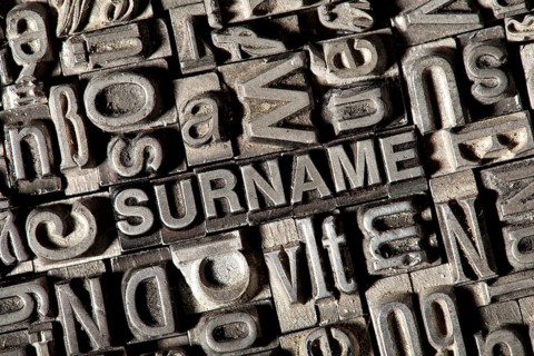 Old lead letters forming the word 'SURNAME'