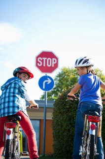 Boy and girl waiting with their bicycles in front of a stop sign