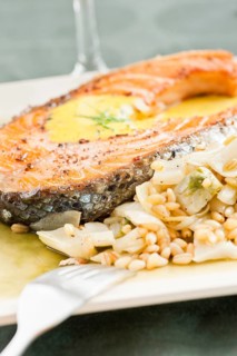 Seafood meal with fried salmon